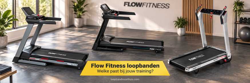 Flow Fitness loopbanden in een lichte showroom; custom sfeerillustratie op basis van productfoto’s.