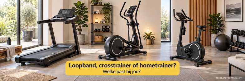 Loopband, crosstrainer en hometrainer naast elkaar; custom sfeerillustratie.